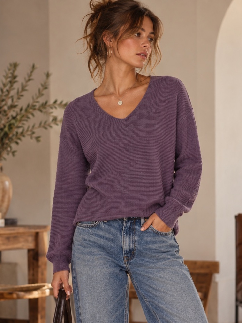 Ella Moss Purple Ribbed V Neck Long Sleeve Sweater Size Small